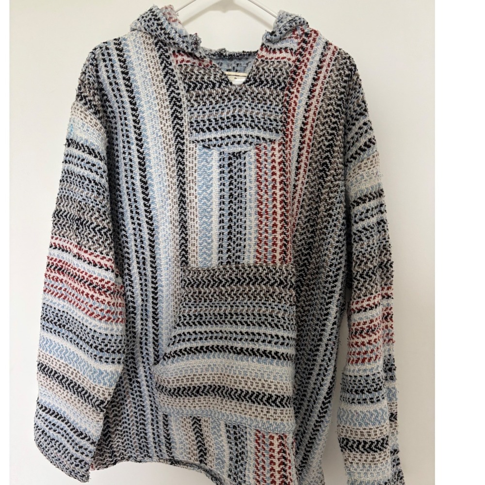 Baja Joe Hoodie XL Blue Red Striped Cotton Blend Mexica Rug Pullover Boho